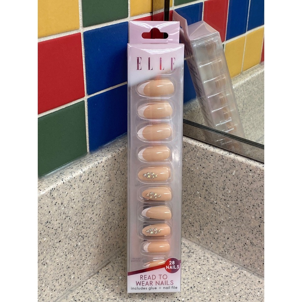 Press On Nails French Tip ELLE‎ Almond Rhinestone Accent 28 Nail Kit